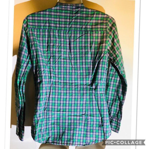 J Crew Gr/Bl plaid ruffle front buttondown size sm - Picture 3 of 8